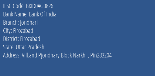 Bank Of India Jondhari Branch Firozabad IFSC Code BKID0AG0826