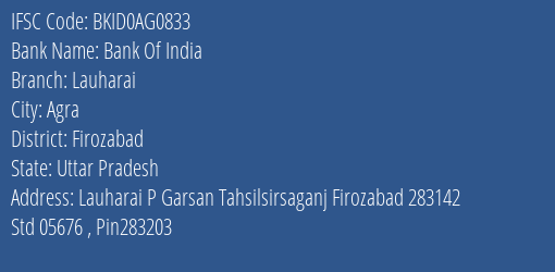 Bank Of India Lauharai Branch Firozabad IFSC Code BKID0AG0833