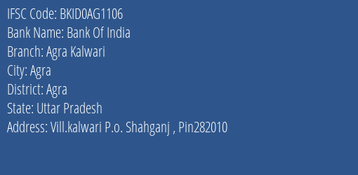 Bank Of India Agra Kalwari Branch Agra IFSC Code BKID0AG1106