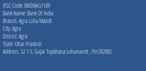 Bank Of India Agra Loha Mandi Branch Agra IFSC Code BKID0AG1109