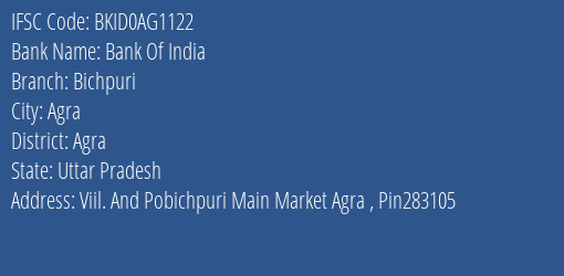 Bank Of India Bichpuri Branch Agra IFSC Code BKID0AG1122