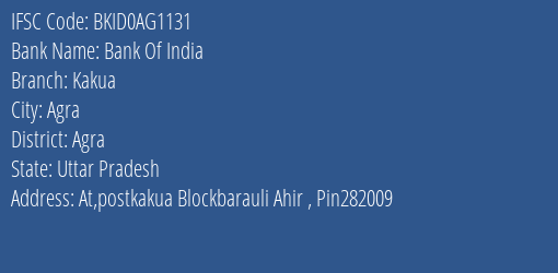 Bank Of India Kakua Branch Agra IFSC Code BKID0AG1131