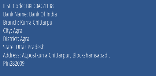 Bank Of India Kurra Chittarpu Branch Agra IFSC Code BKID0AG1138