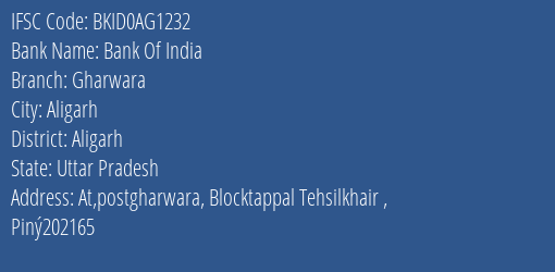 Bank Of India Gharwara Branch Aligarh IFSC Code BKID0AG1232