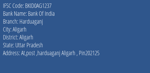 Bank Of India Harduaganj Branch Aligarh IFSC Code BKID0AG1237