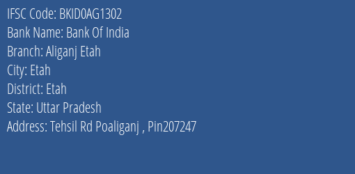Bank Of India Aliganj Etah Branch Etah IFSC Code BKID0AG1302