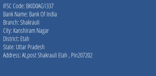 Bank Of India Shakrauli Branch Etah IFSC Code BKID0AG1337
