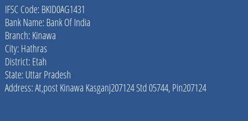 Bank Of India Kinawa Branch Etah IFSC Code BKID0AG1431