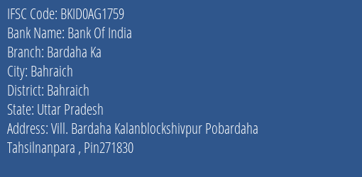 Bank Of India Bardaha Ka Branch Bahraich IFSC Code BKID0AG1759