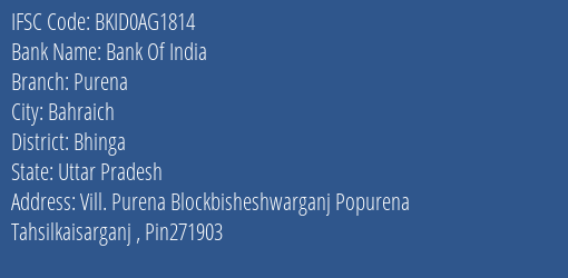 Bank Of India Purena Branch Bhinga IFSC Code BKID0AG1814
