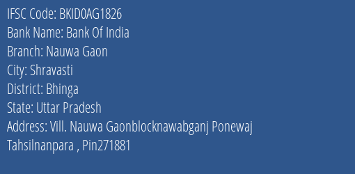 Bank Of India Nauwa Gaon Branch Bhinga IFSC Code BKID0AG1826