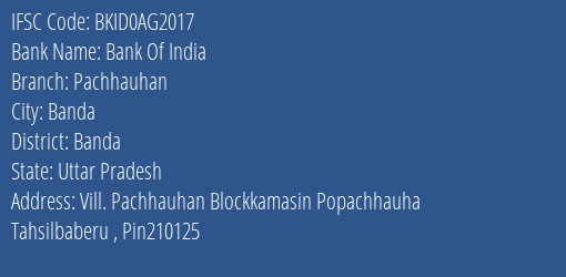 Bank Of India Pachhauhan Branch Banda IFSC Code BKID0AG2017