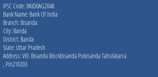 Bank Of India Bisanda Branch Banda IFSC Code BKID0AG2048