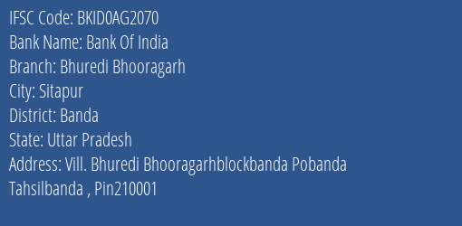 Bank Of India Bhuredi Bhooragarh Branch Banda IFSC Code BKID0AG2070