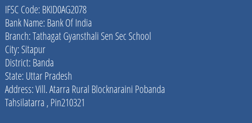 Bank Of India Tathagat Gyansthali Sen Sec School Branch Banda IFSC Code BKID0AG2078