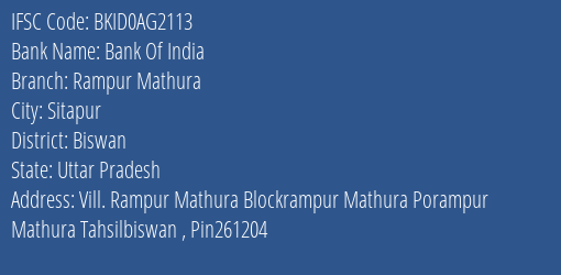 Bank Of India Rampur Mathura Branch Biswan IFSC Code BKID0AG2113