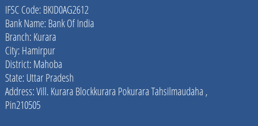 Bank Of India Kurara Branch Mahoba IFSC Code BKID0AG2612