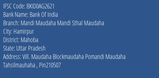 Bank Of India Mandi Maudaha Mandi Sthal Maudaha Branch Mahoba IFSC Code BKID0AG2621