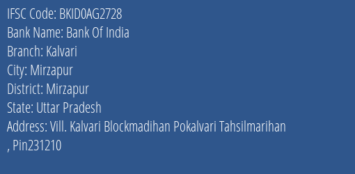 Bank Of India Kalvari Branch Mirzapur IFSC Code BKID0AG2728