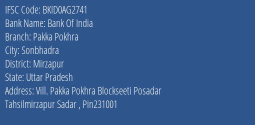 Bank Of India Pakka Pokhra Branch Mirzapur IFSC Code BKID0AG2741