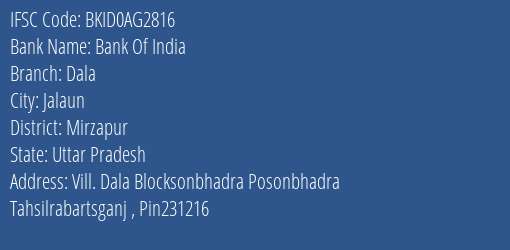 Bank Of India Dala Branch Mirzapur IFSC Code BKID0AG2816