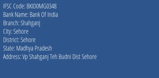 Bank Of India Shahganj Branch Sehore IFSC Code BKID0MG0348