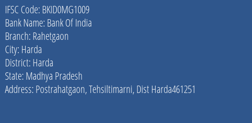 Bank Of India Rahetgaon Branch Harda IFSC Code BKID0MG1009