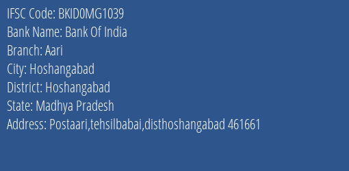 Bank Of India Aari Branch Hoshangabad IFSC Code BKID0MG1039