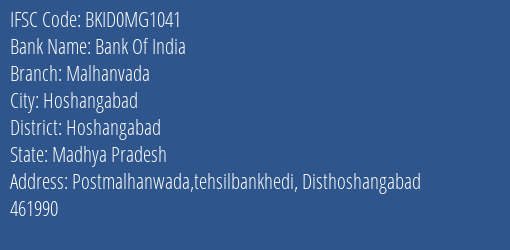 Bank Of India Malhanvada Branch Hoshangabad IFSC Code BKID0MG1041