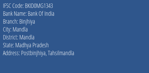Bank Of India Binjhiya Branch Mandla IFSC Code BKID0MG1343