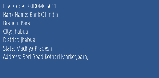 Bank Of India Para Branch Jhabua IFSC Code BKID0MG5011