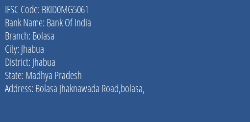 Bank Of India Bolasa Branch Jhabua IFSC Code BKID0MG5061