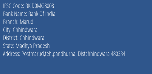 Bank Of India Marud Branch Chhindwara IFSC Code BKID0MG8008