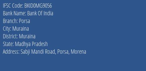 Bank Of India Porsa Branch Muraina IFSC Code BKID0MG9056