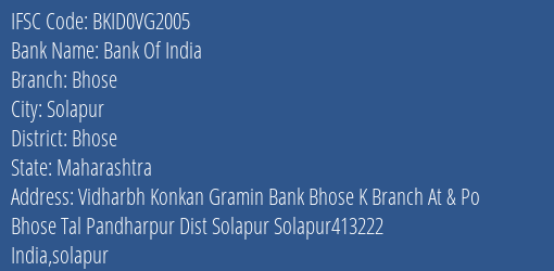 Bank Of India Bhose Branch Bhose IFSC Code BKID0VG2005