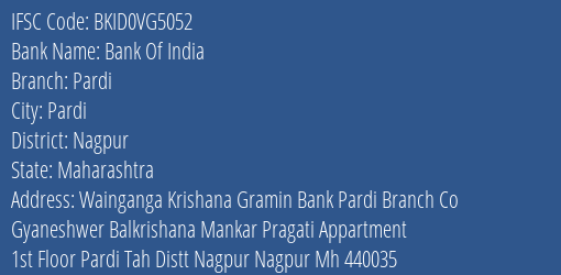 Bank Of India Pardi Branch Nagpur IFSC Code BKID0VG5052