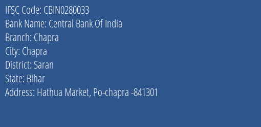 Central Bank Of India Chapra Branch Saran IFSC Code CBIN0280033