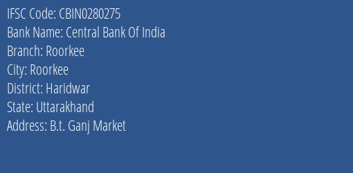 Central Bank Of India Roorkee Branch Haridwar IFSC Code CBIN0280275