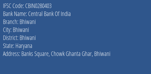 Central Bank Of India Bhiwani Branch, Branch Code 280403 & IFSC Code CBIN0280403