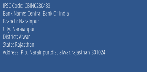 Central Bank Of India Narainpur Branch Alwar IFSC Code CBIN0280433