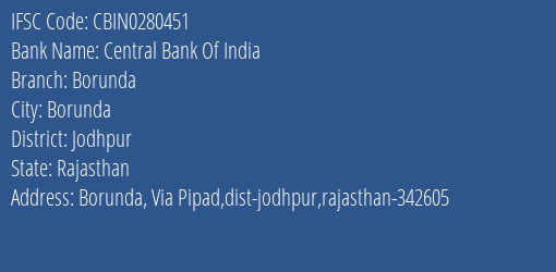 Central Bank Of India Borunda Branch Jodhpur IFSC Code CBIN0280451