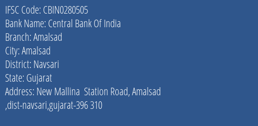 Central Bank Of India Amalsad Branch Navsari IFSC Code CBIN0280505