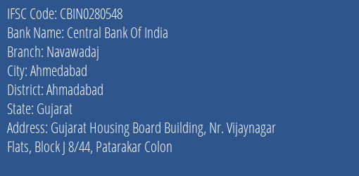 Central Bank Of India Navawadaj Branch Ahmadabad IFSC Code CBIN0280548