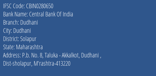 Central Bank Of India Dudhani Branch Solapur IFSC Code CBIN0280650