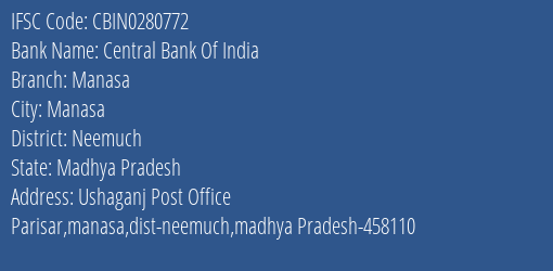 Central Bank Of India Manasa Branch Neemuch IFSC Code CBIN0280772