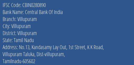 Central Bank Of India Villupuram Branch, Branch Code 280890 & IFSC Code CBIN0280890