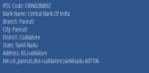 Central Bank Of India Panruti Branch Cuddalore IFSC Code CBIN0280892