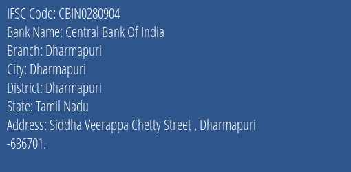 Central Bank Of India Dharmapuri Branch, Branch Code 280904 & IFSC Code CBIN0280904