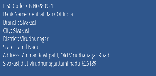 Central Bank Of India Sivakasi Branch Virudhunagar IFSC Code CBIN0280921