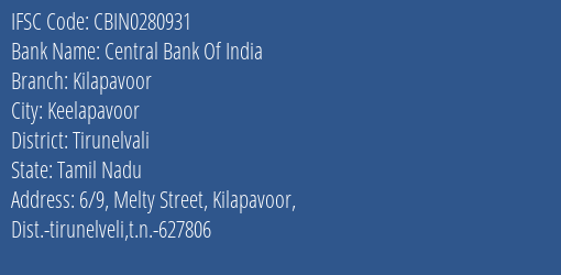 Central Bank Of India Kilapavoor Branch Tirunelvali IFSC Code CBIN0280931